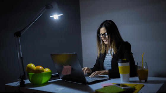 A lady working at night in tune with her circadian rhythm.